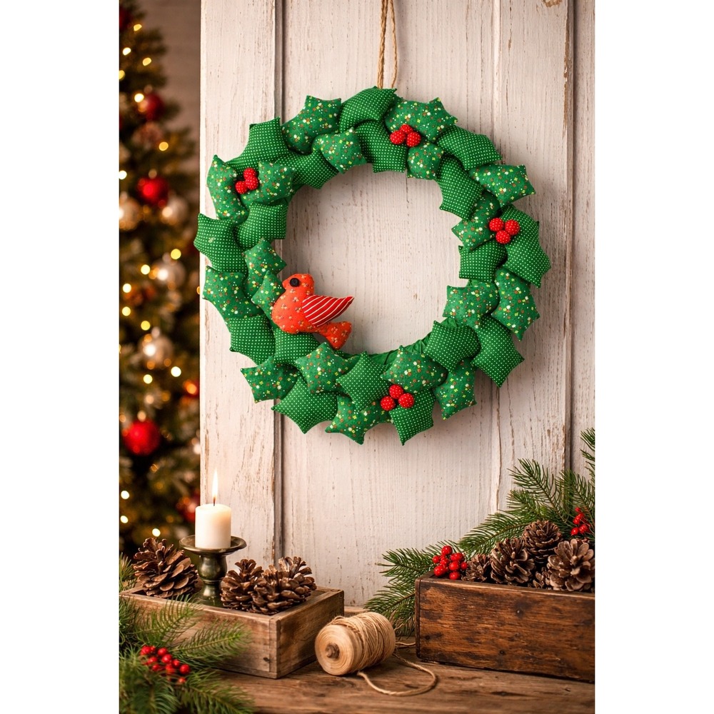 Vtg Handmade Fabric Christmas Wreath Patchwork Stuffed Puffy Retro 80s 23"